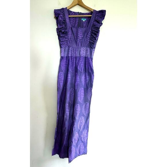 SIKA Tagoe leaf print light purple flutter sleeve long jumpsuit romper handmade - Picture 2 of 11